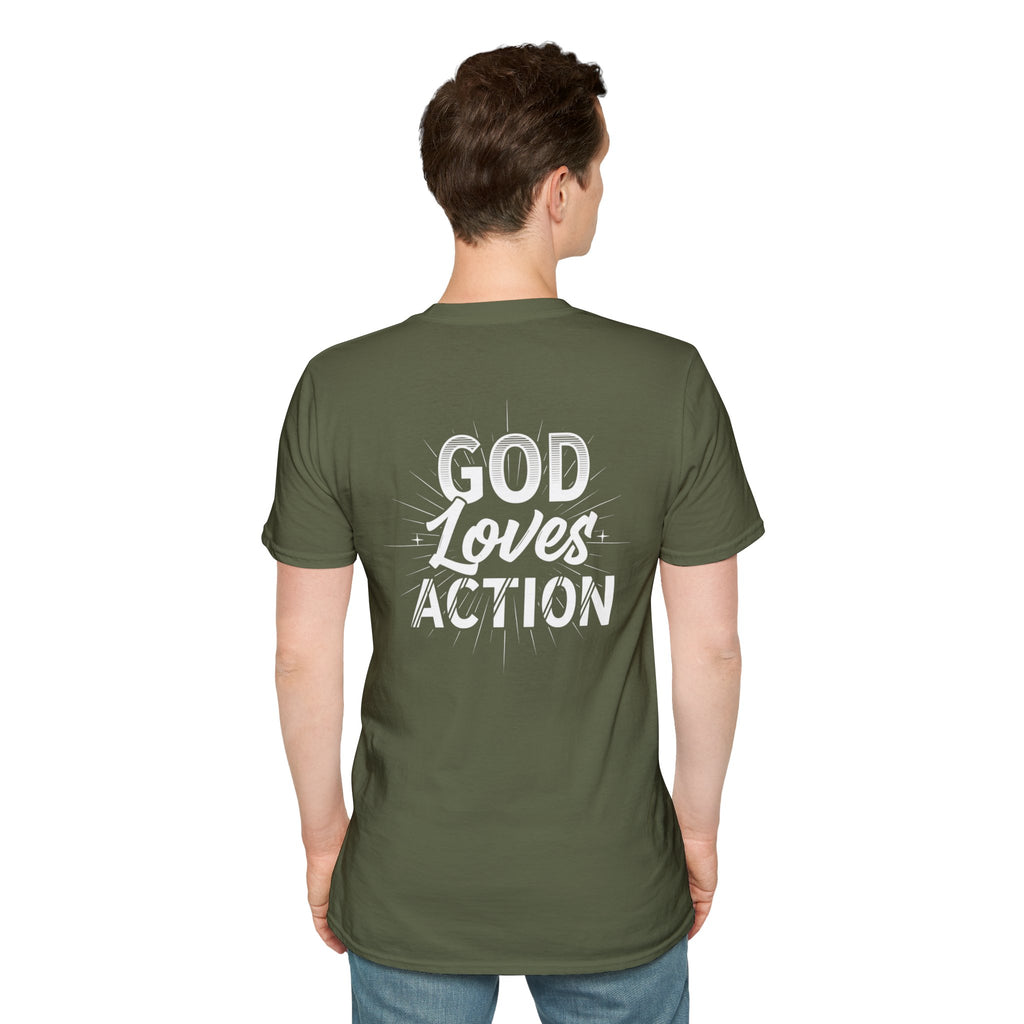 Christian T-Shirt - "God Loves Action" Front Star Design