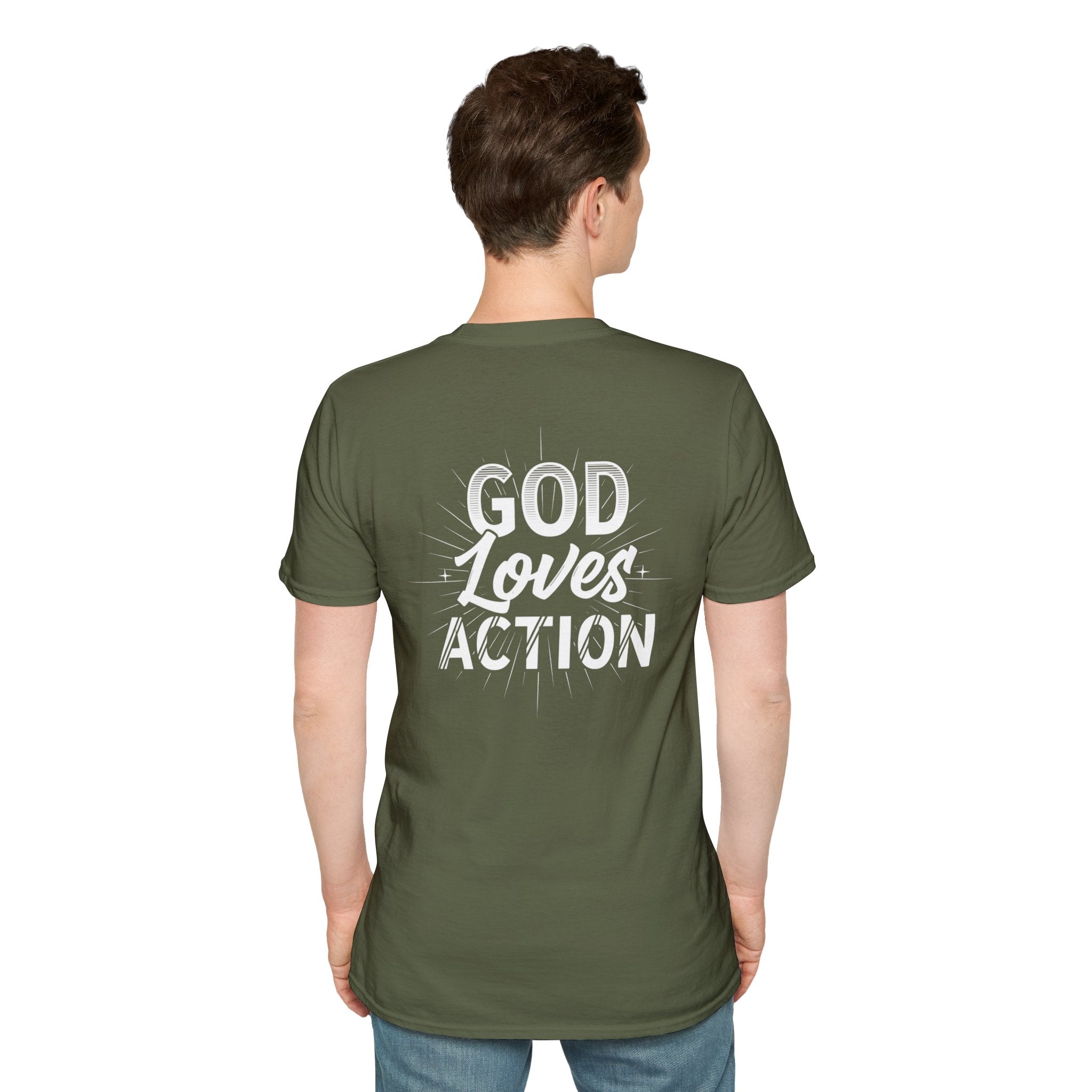Christian T-Shirt - "God Loves Action" Front Star Design