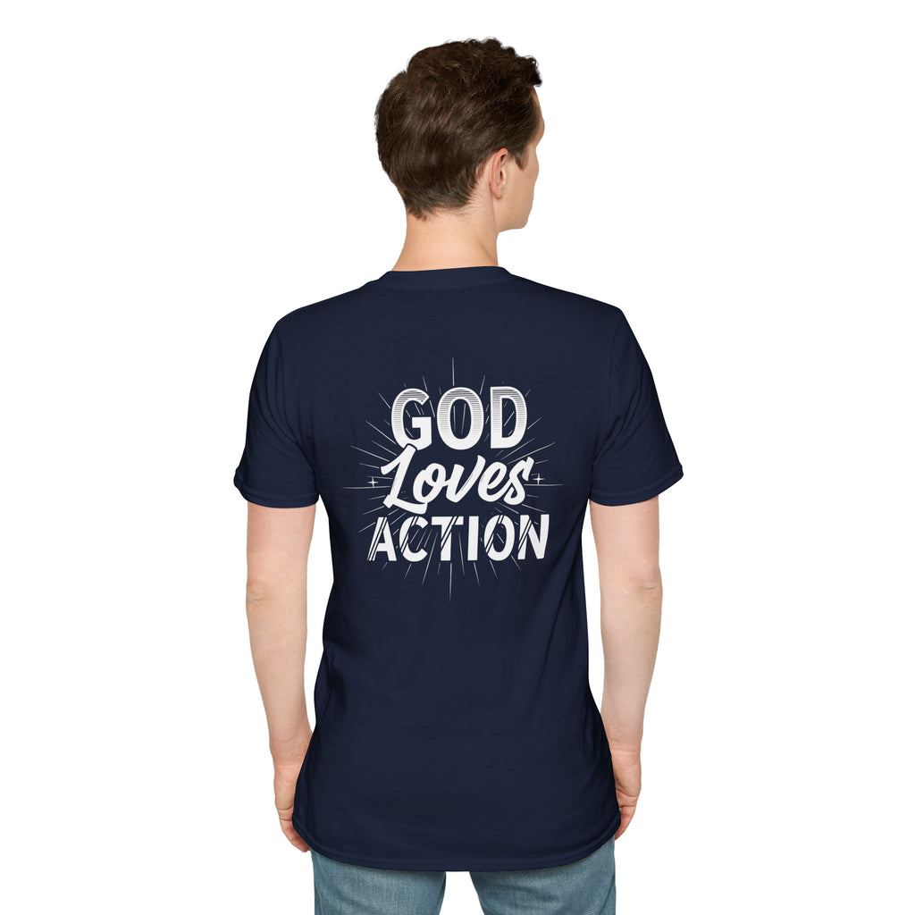 Christian T-Shirt - "God Loves Action" Front Star Design