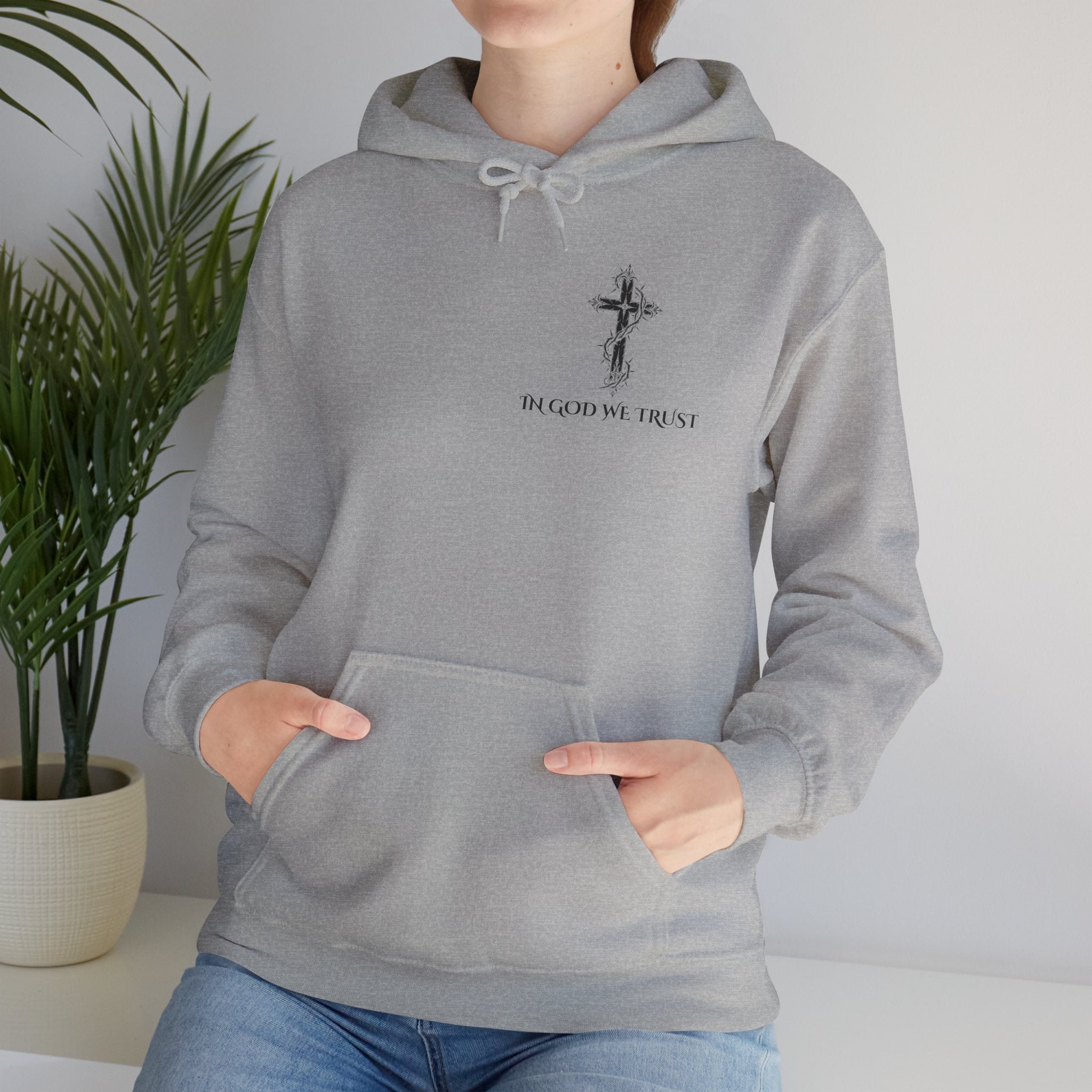 Copy of Faith-Inspired Hoodie - 'In God We Trust' Cross & 'God Loves Action' Back Graphic