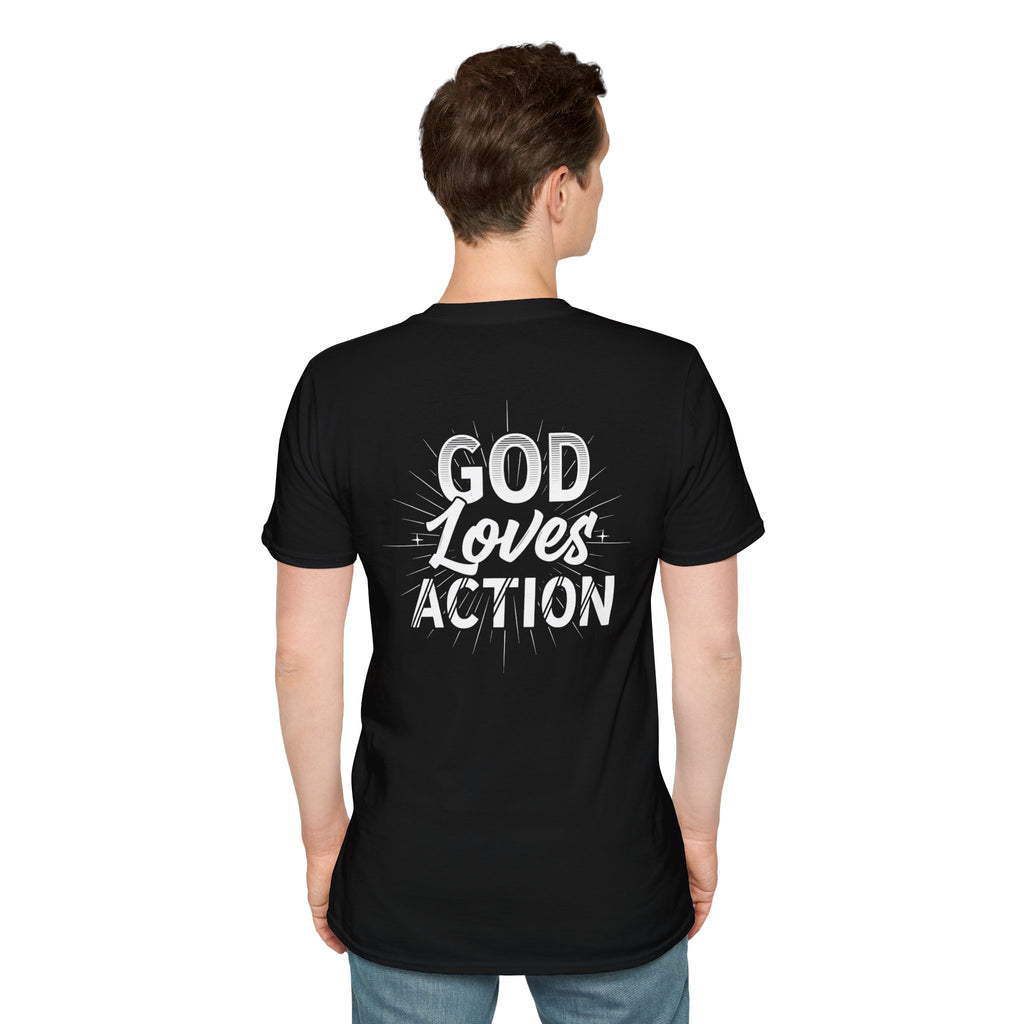 Christian T-Shirt - "God Loves Action" Front Star Design