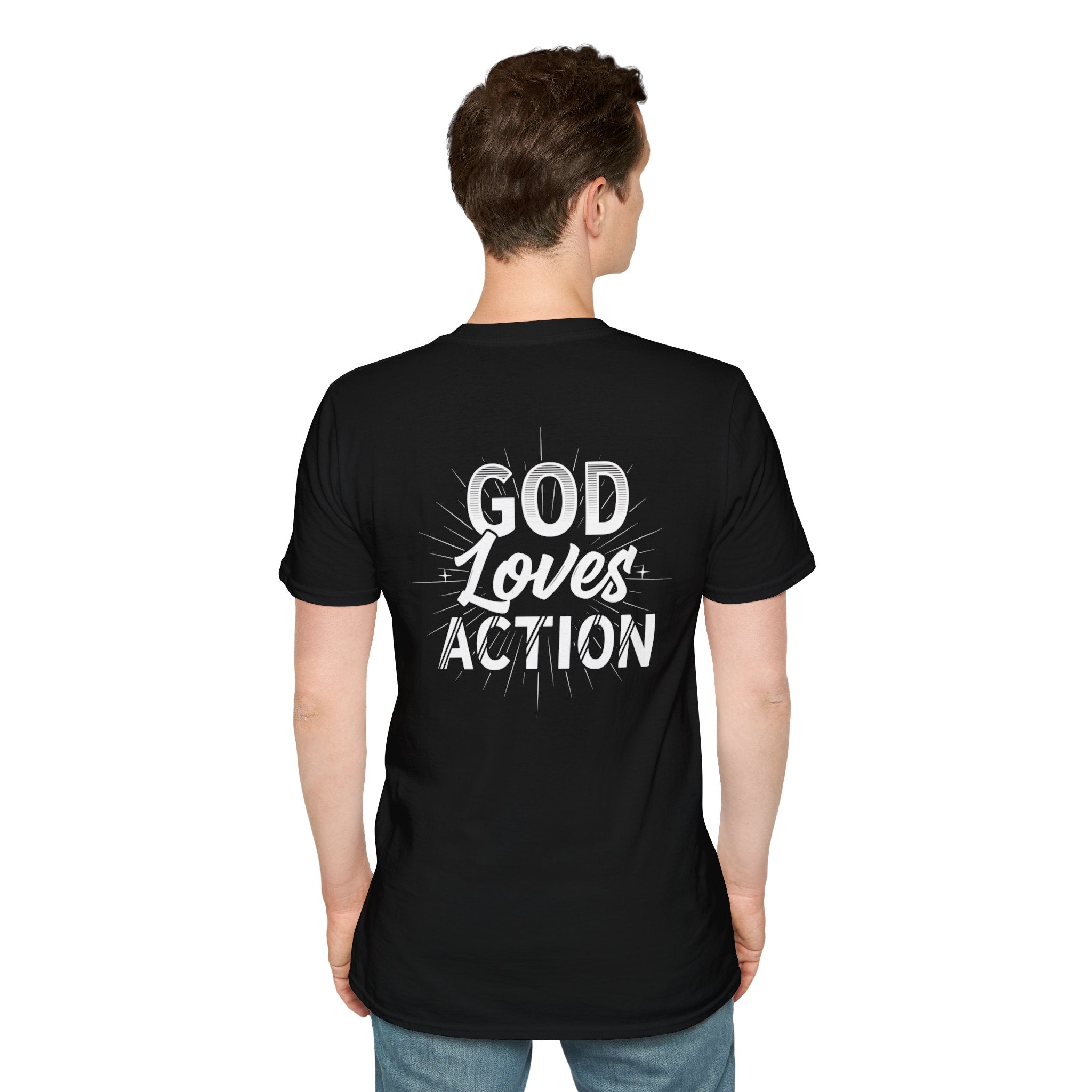 Christian T-Shirt - "God Loves Action" Front Star Design