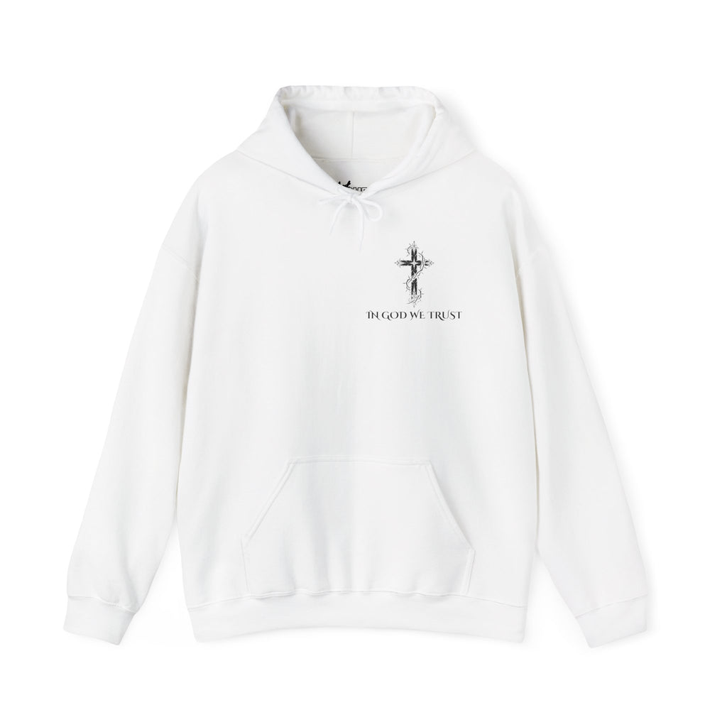 Faith-Inspired Hoodie - 'In God We Trust' Cross & Sacred Heart Back Graphic