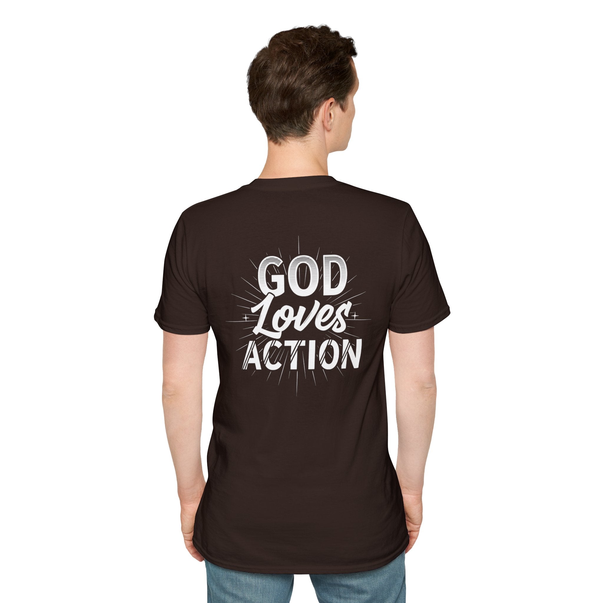 Christian T-Shirt - "God Loves Action" Front Star Design