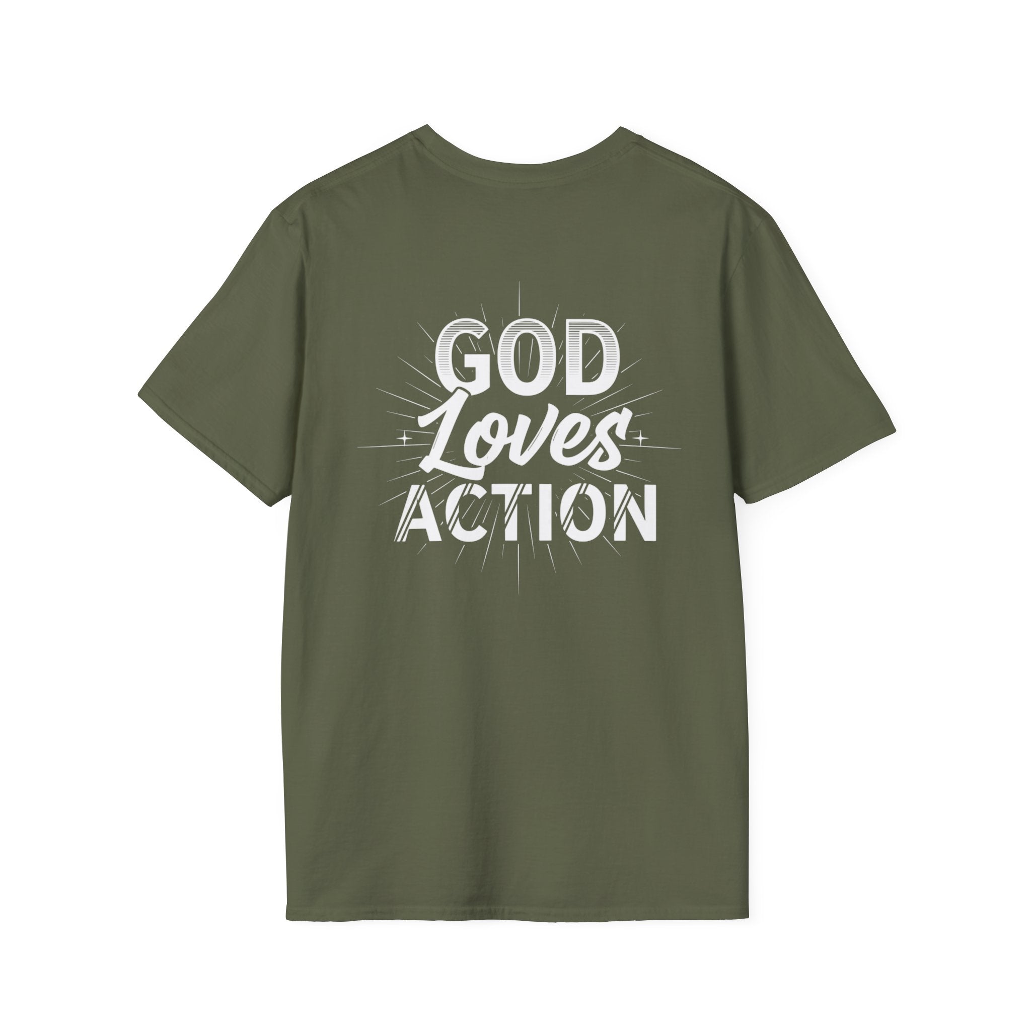 Christian T-Shirt - "God Loves Action" Front Star Design