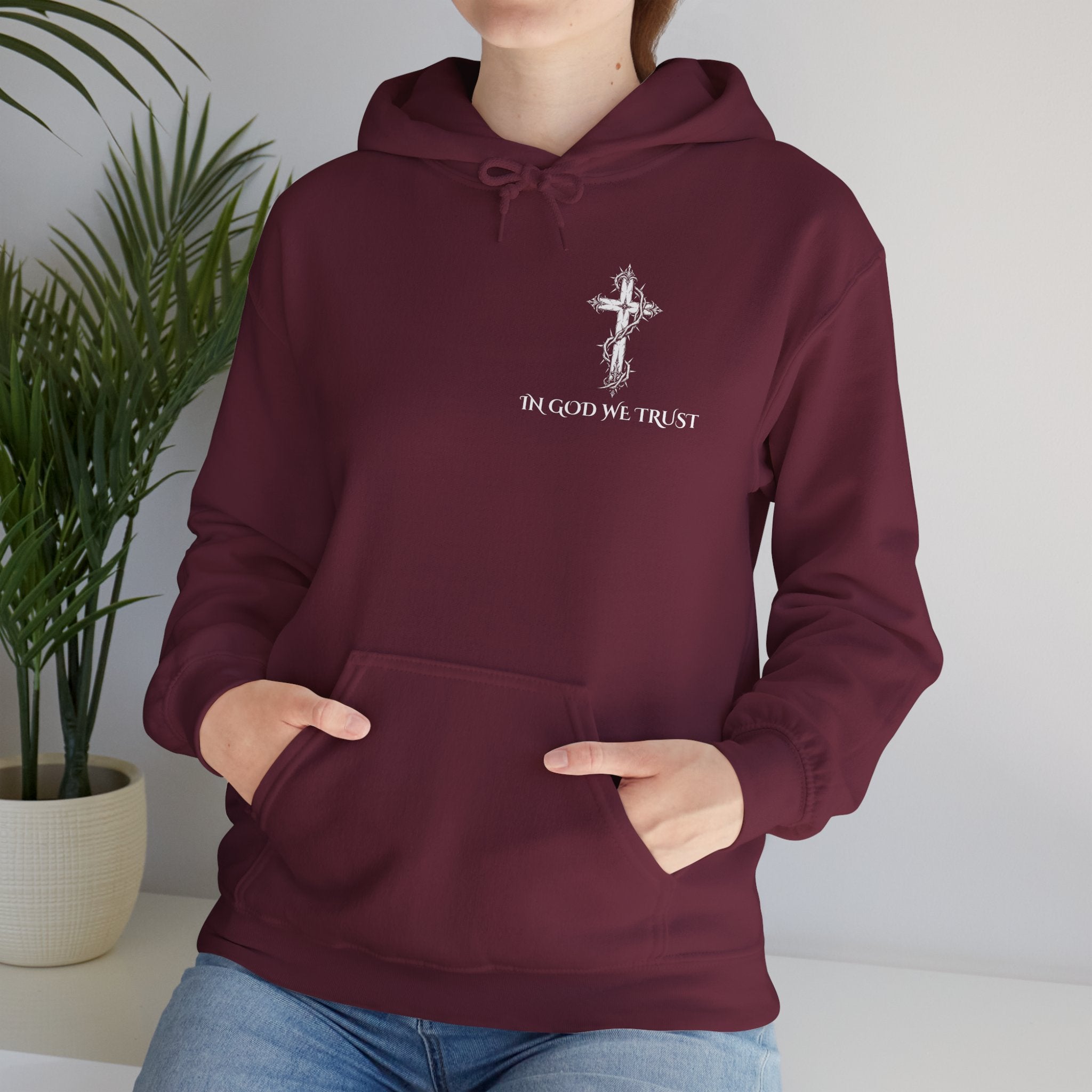 Faith-Inspired Hoodie - 'In God We Trust' Cross & Sacred Heart Back Graphic