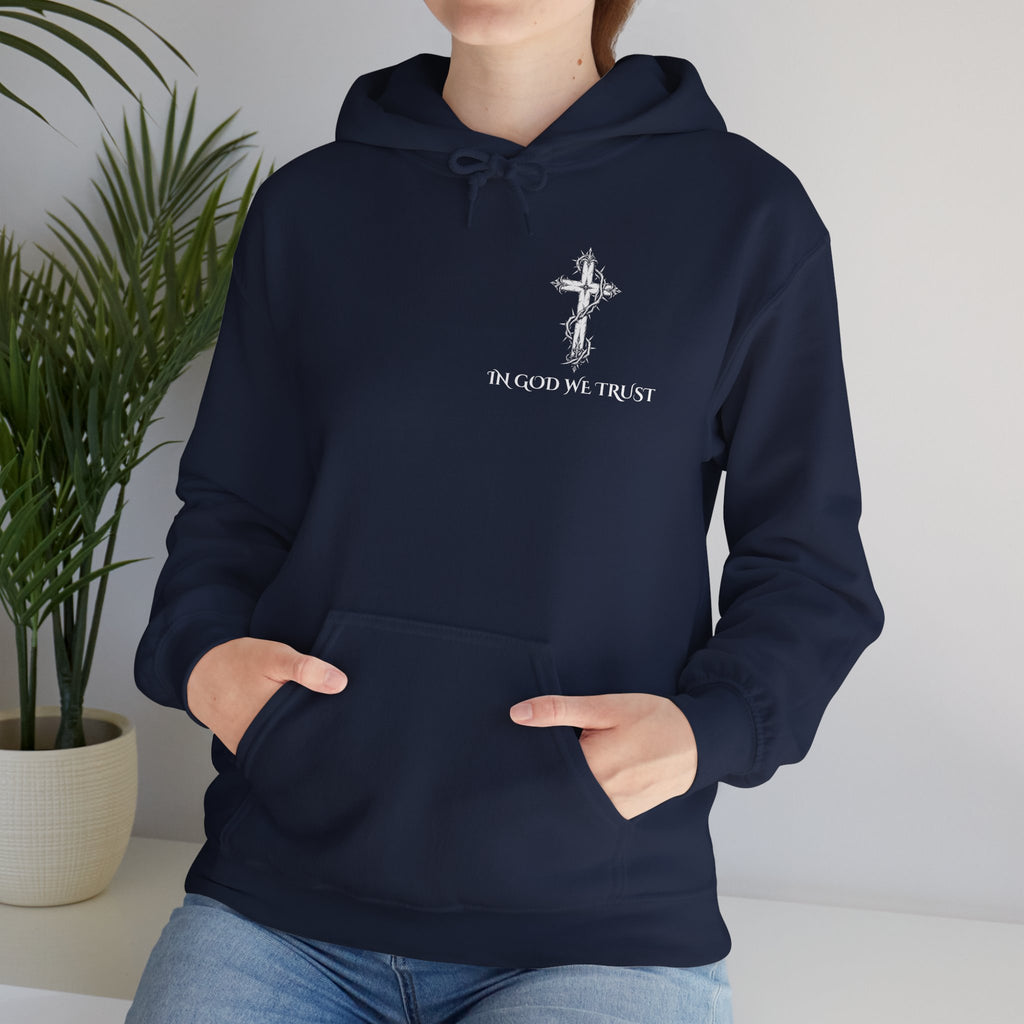 Faith-Inspired Hoodie - 'In God We Trust' Cross & Sacred Heart Back Graphic