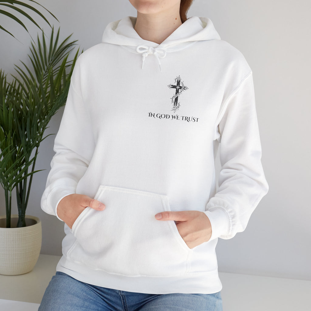 Faith-Inspired Hoodie - 'In God We Trust' Cross & Sacred Heart Back Graphic