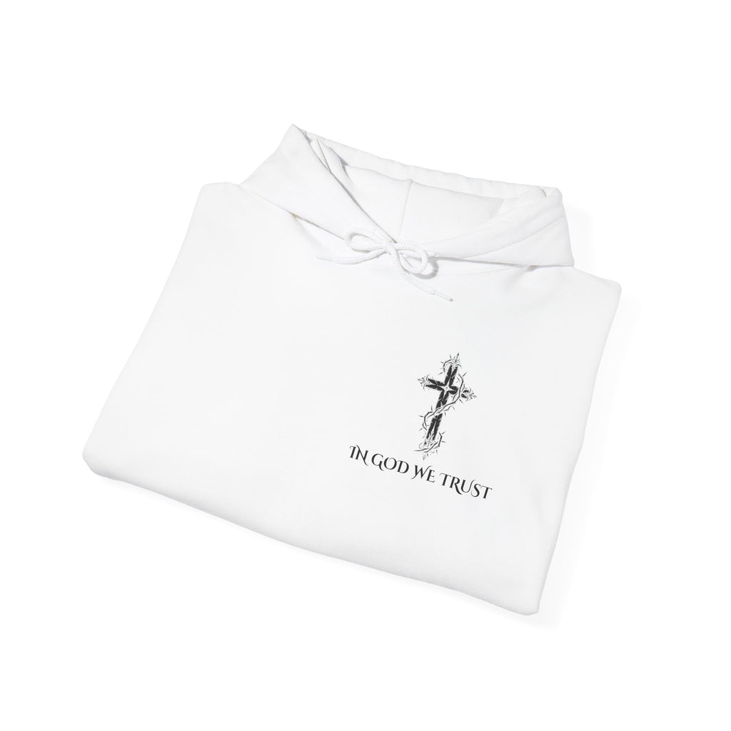Faith-Inspired Hoodie - 'In God We Trust' Cross & Sacred Heart Back Graphic