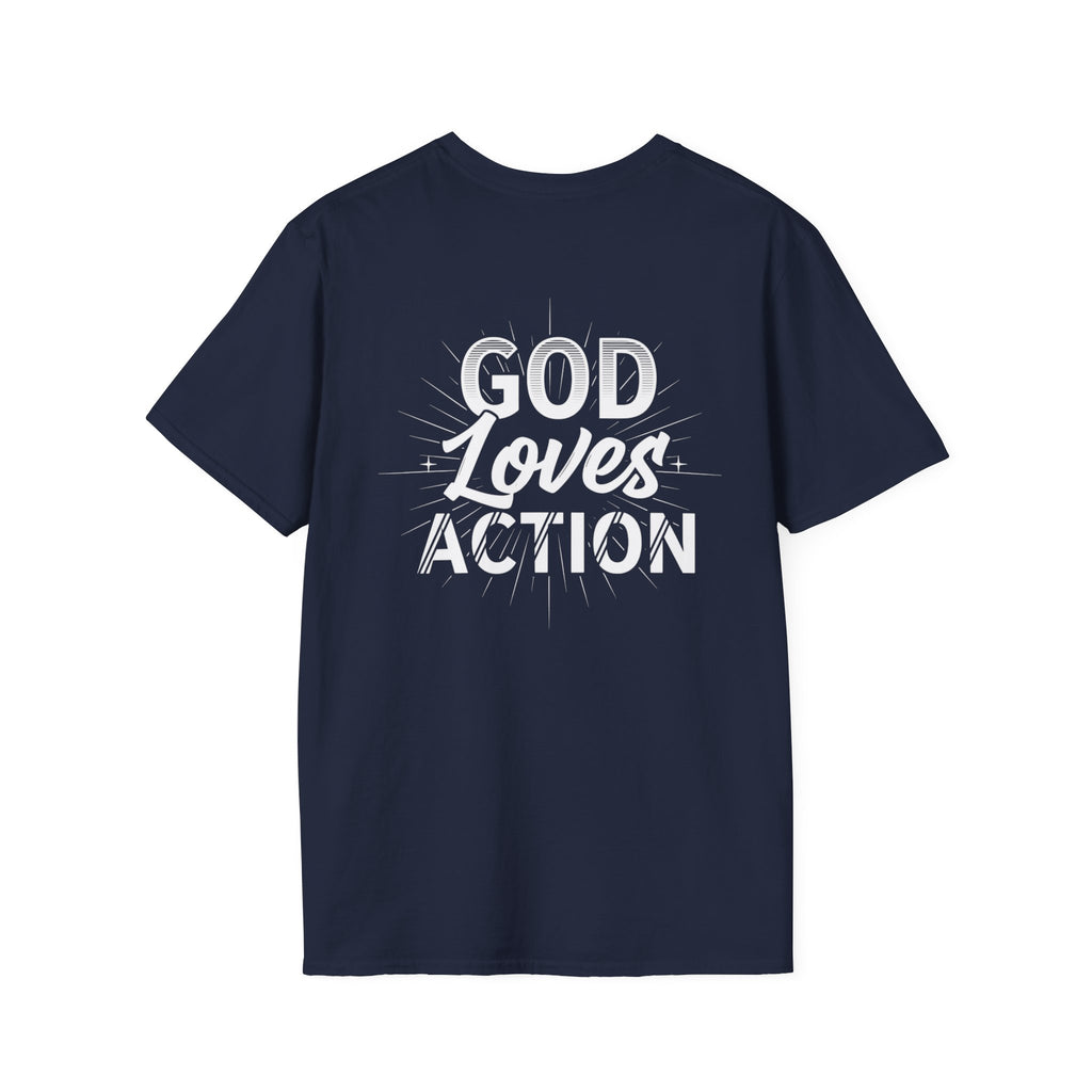 Christian T-Shirt - "God Loves Action" Front Star Design