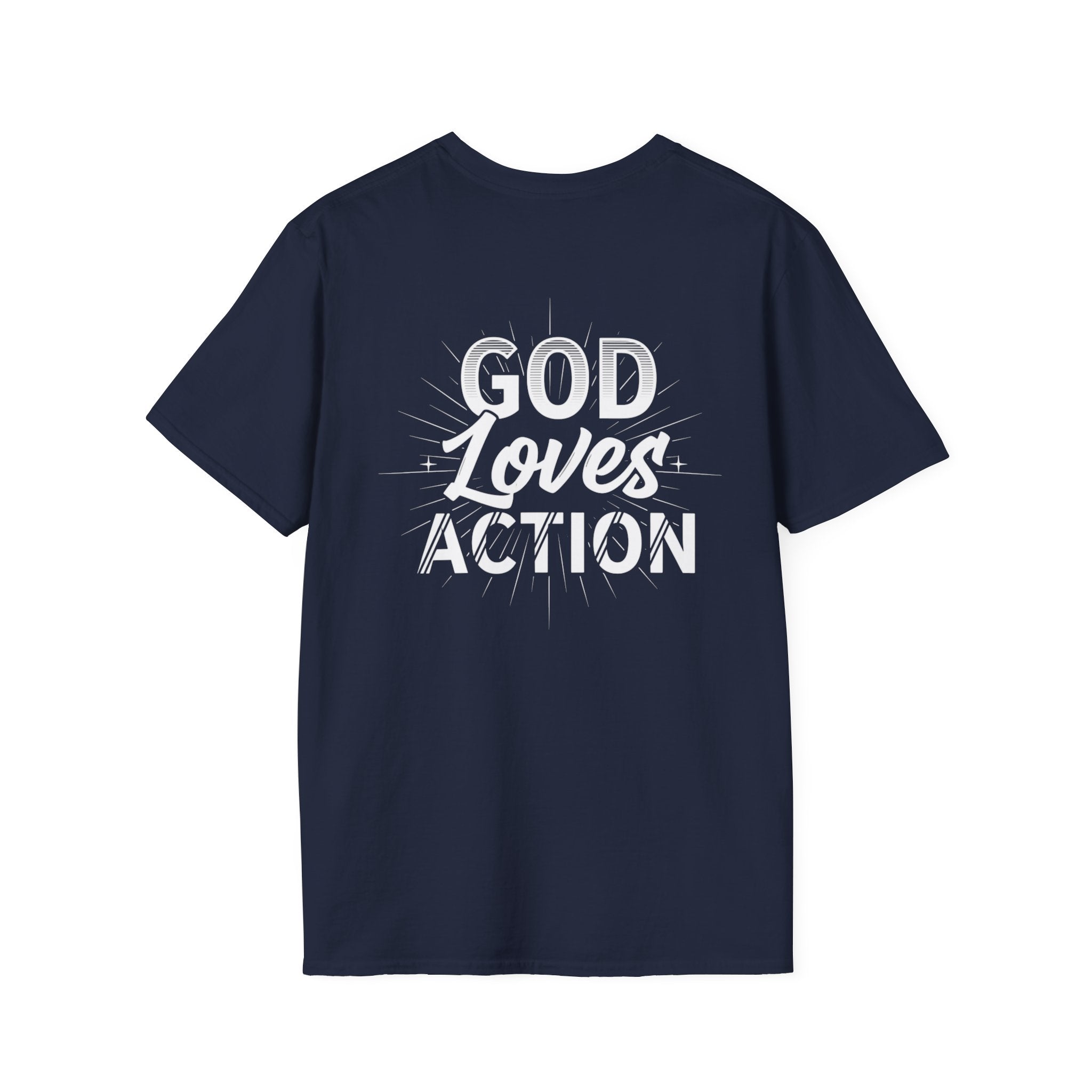 Christian T-Shirt - "God Loves Action" Front Star Design
