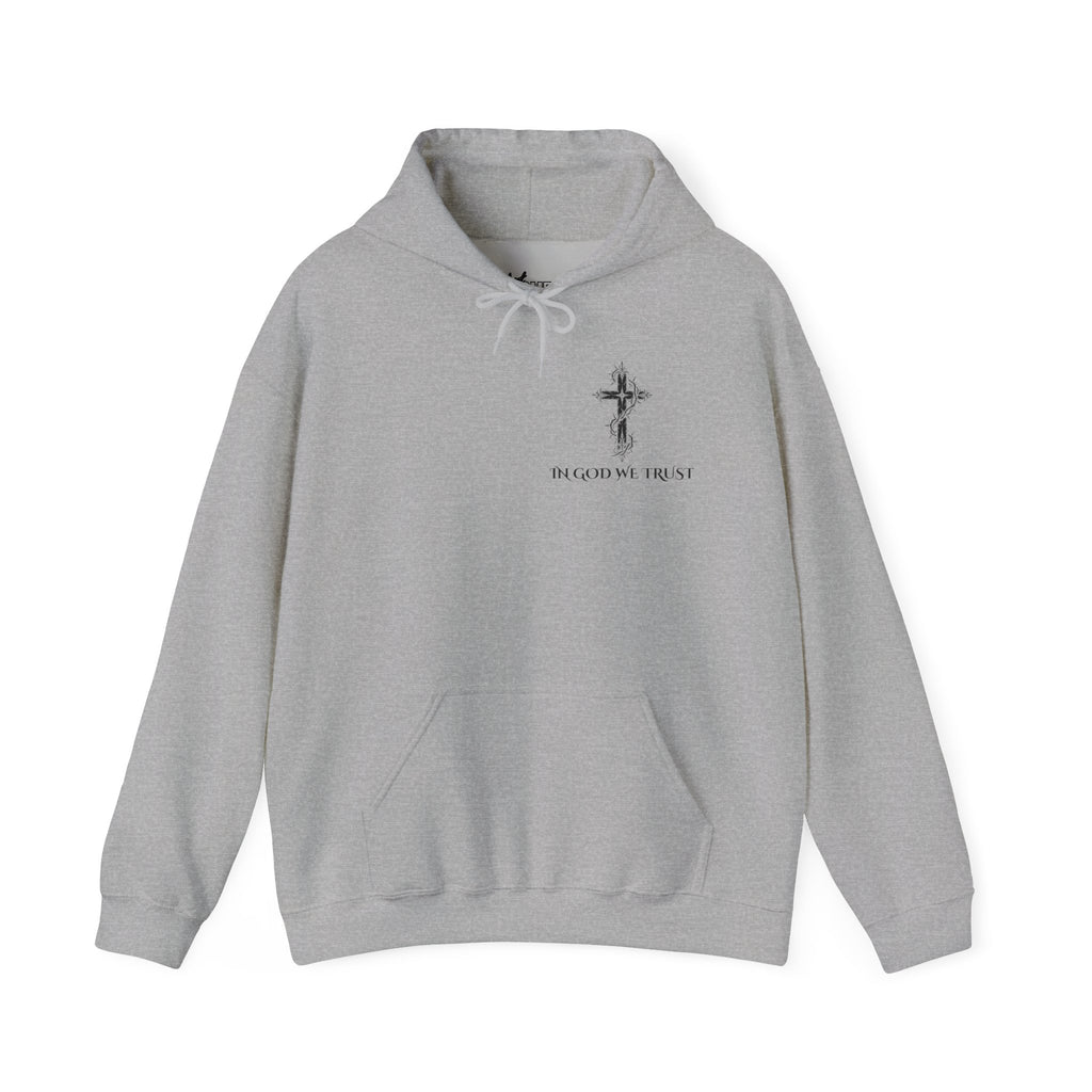 Faith-Inspired Hoodie - 'In God We Trust' Cross & Sacred Heart Back Graphic