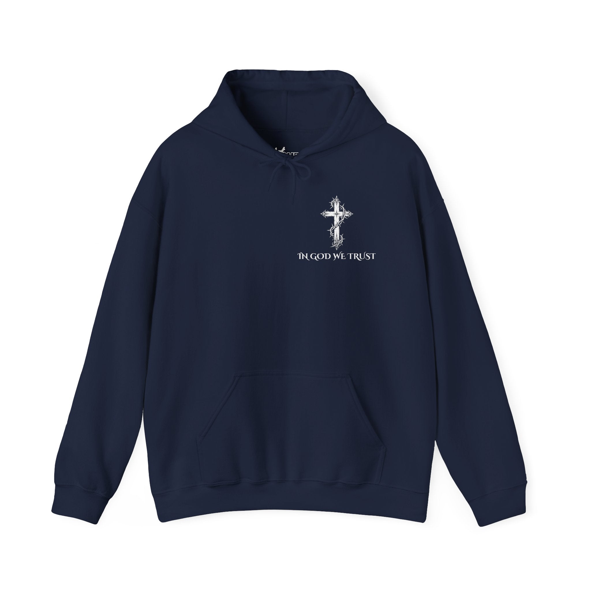 Faith-Inspired Hoodie - 'In God We Trust' Cross & Sacred Heart Back Graphic